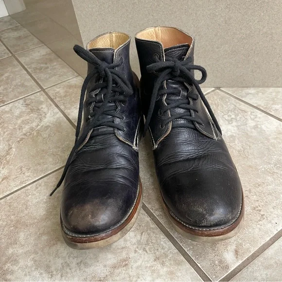 BEDSTU Mens Boots Sz 13 BLACK Distress LeatherVIBRAM Hand MadeMexico‎